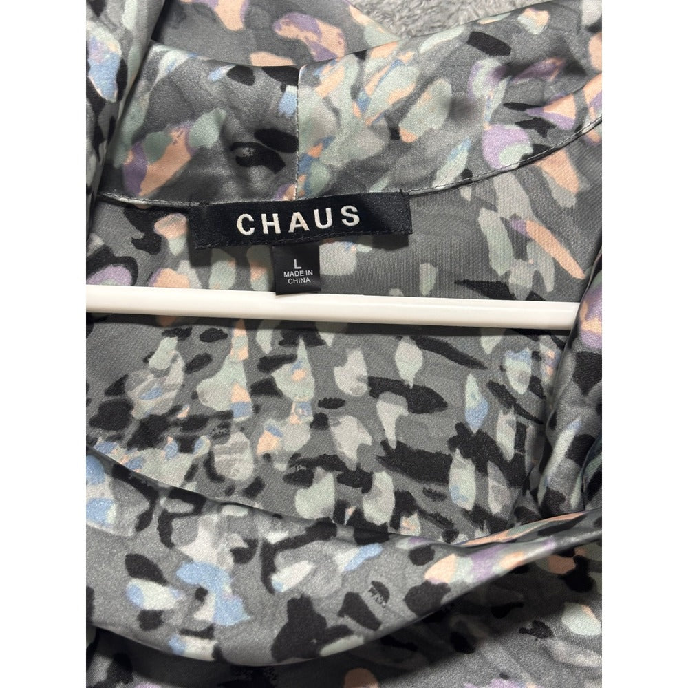 Chaus L Womens Gray Abstract Cowl Neck Short Sleeve Blouse Casual Boho Work Top