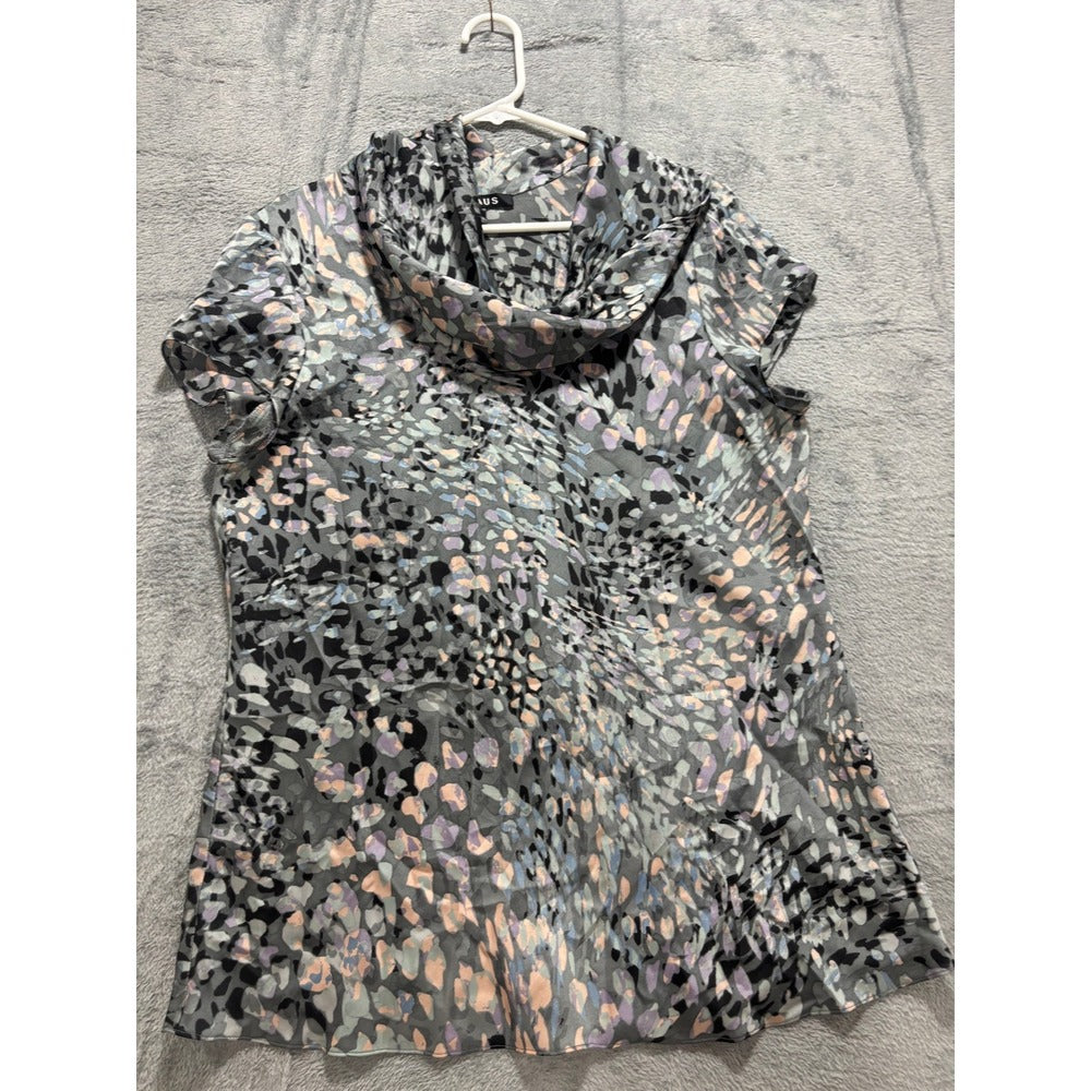 Chaus L Womens Gray Abstract Cowl Neck Short Sleeve Blouse Casual Boho Work Top