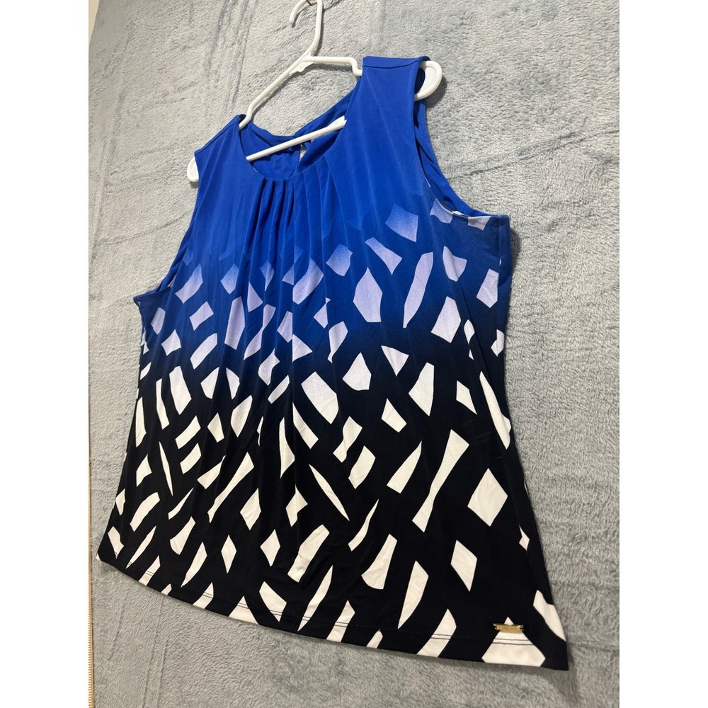 Calvin Klein XL Womens Blue Geometric Ombre Sleeveless Pleated Blouse Casual Top