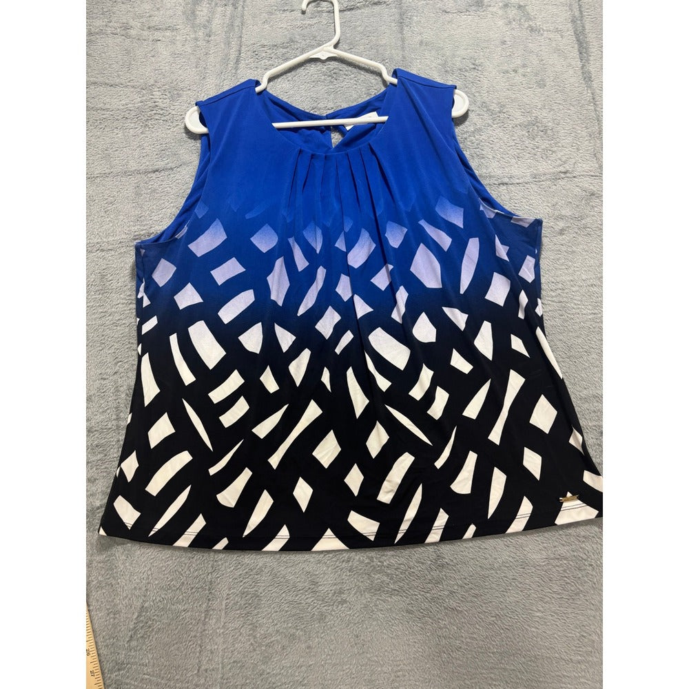 Calvin Klein XL Womens Blue Geometric Ombre Sleeveless Pleated Blouse Casual Top