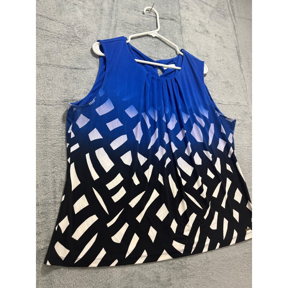 Calvin Klein XL Womens Blue Geometric Ombre Sleeveless Pleated Blouse Casual Top