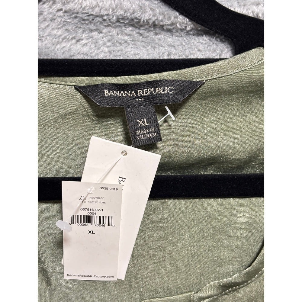 Banana Republic XL Olive Green Satin Henley Blouse Womens Boho Casual NWT