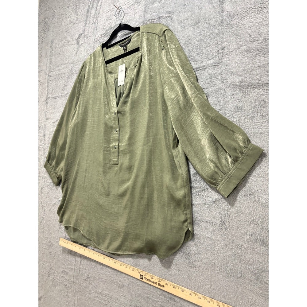 Banana Republic XL Olive Green Satin Henley Blouse Womens Boho Casual NWT