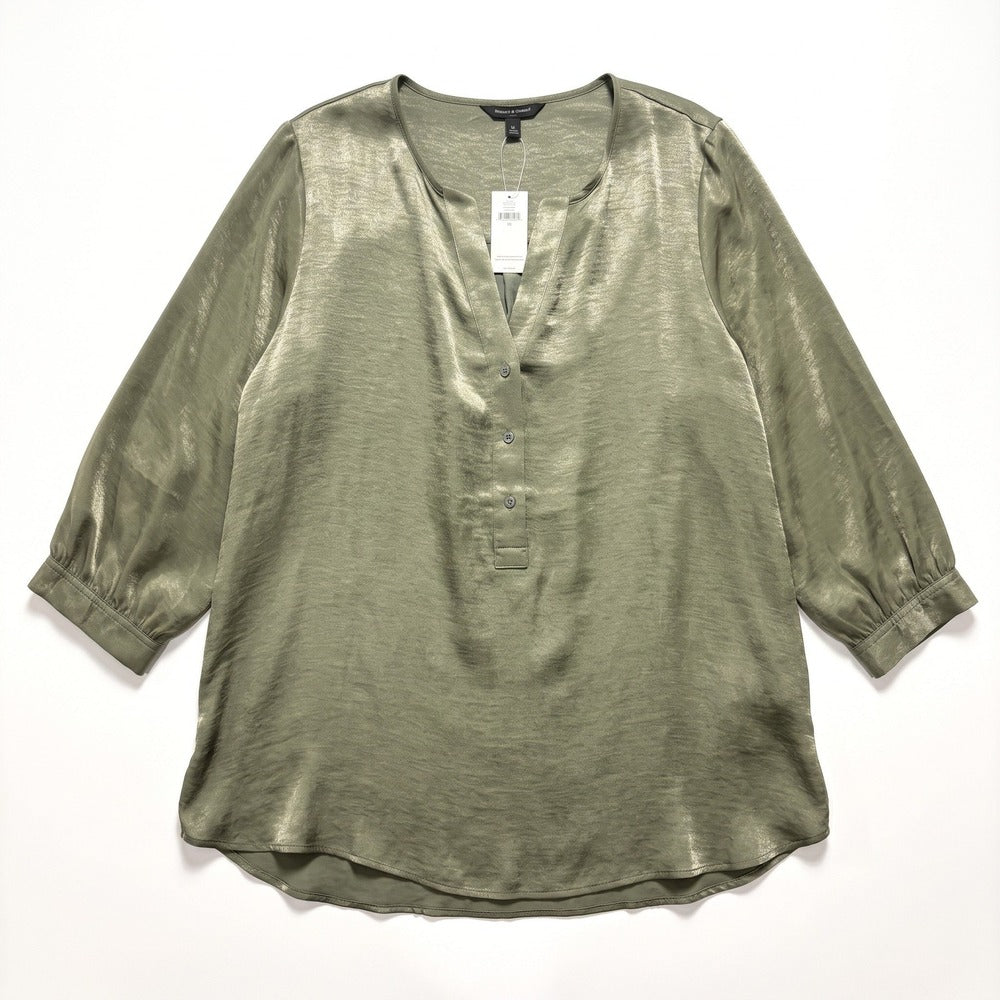 Banana Republic XL Olive Green Satin Henley Blouse Womens Boho Casual NWT