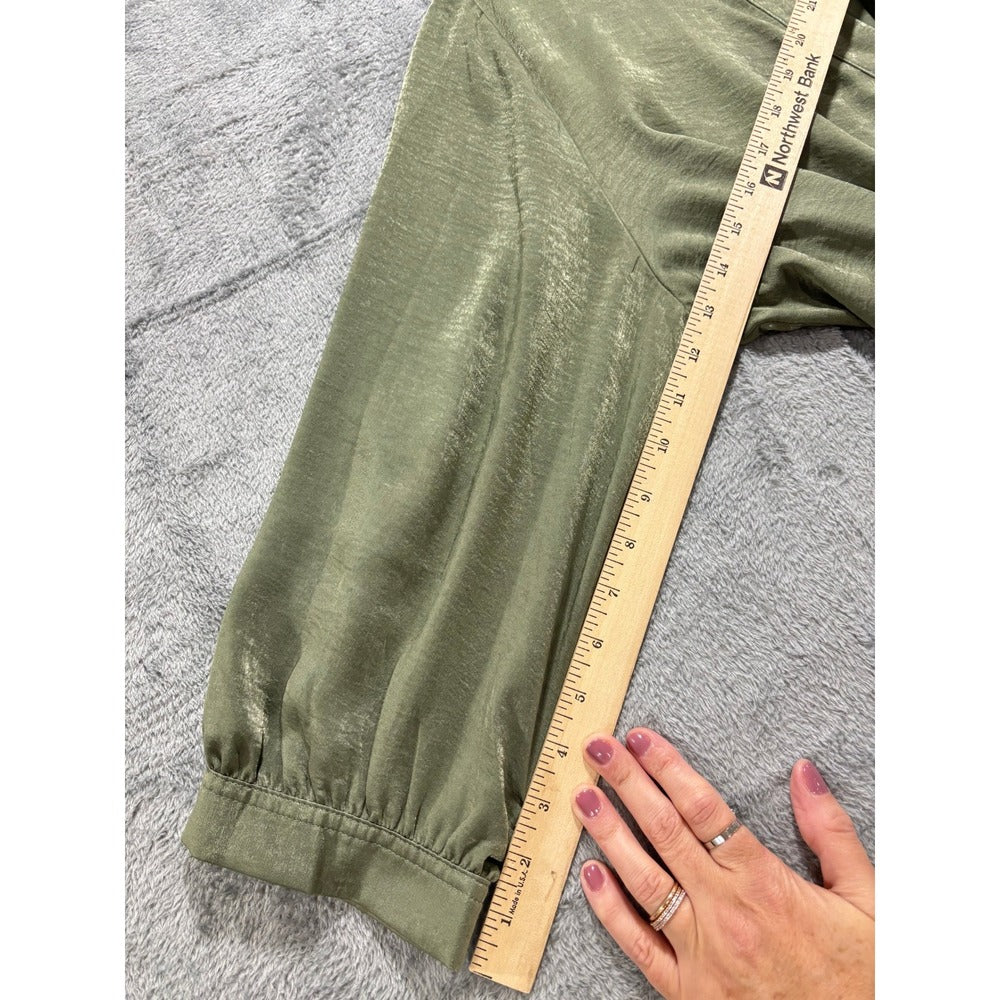 Banana Republic XL Olive Green Satin Henley Blouse Womens Boho Casual NWT