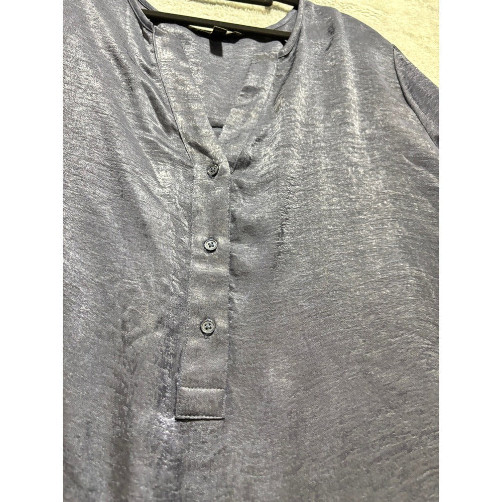 Banana Republic XXL Steel Blue Satin Henley Blouse Womens Minimalist Coastal