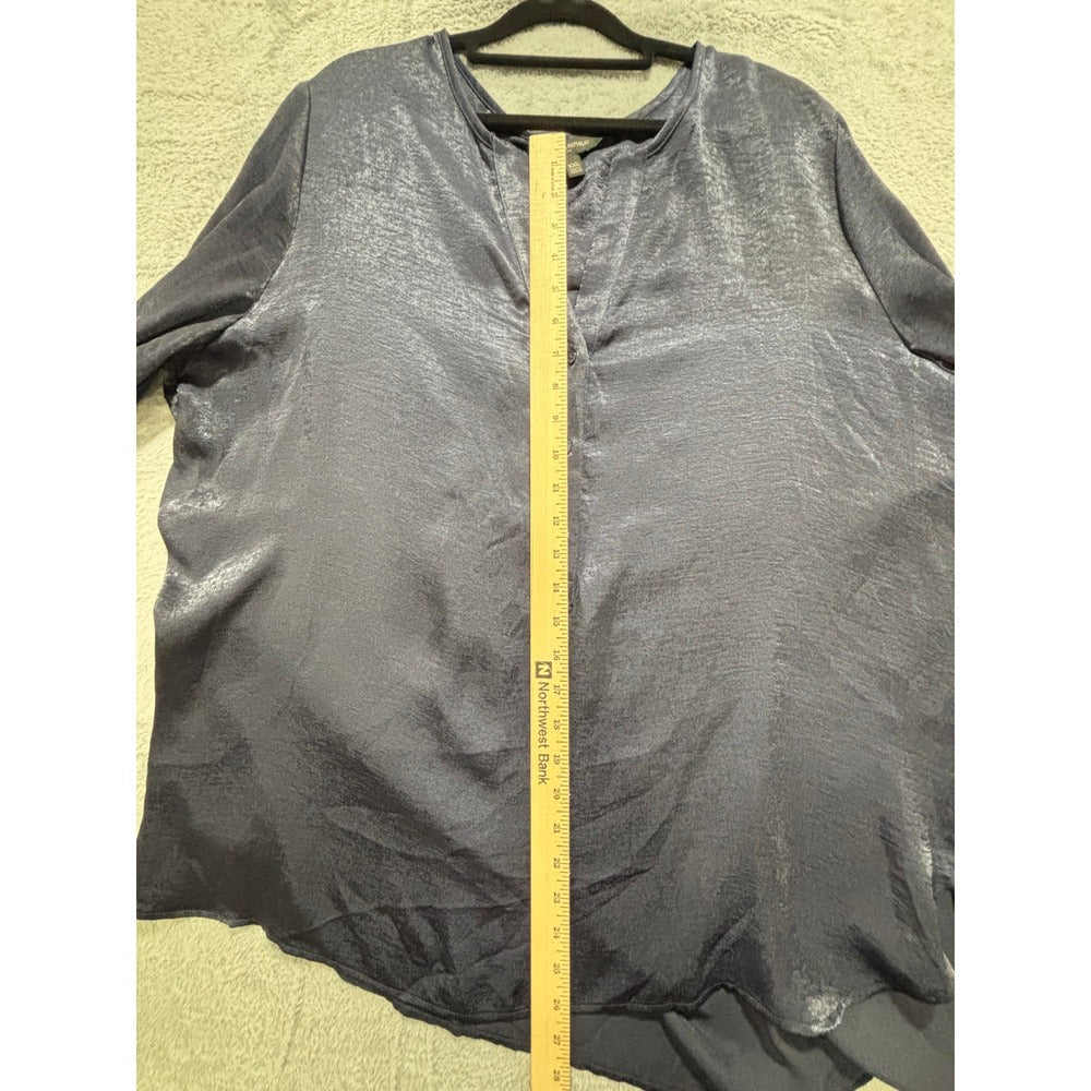 Banana Republic XXL Steel Blue Satin Henley Blouse Womens Minimalist Coastal
