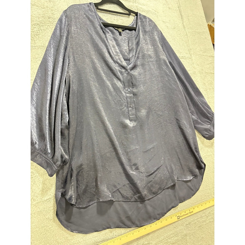Banana Republic XXL Steel Blue Satin Henley Blouse Womens Minimalist Coastal
