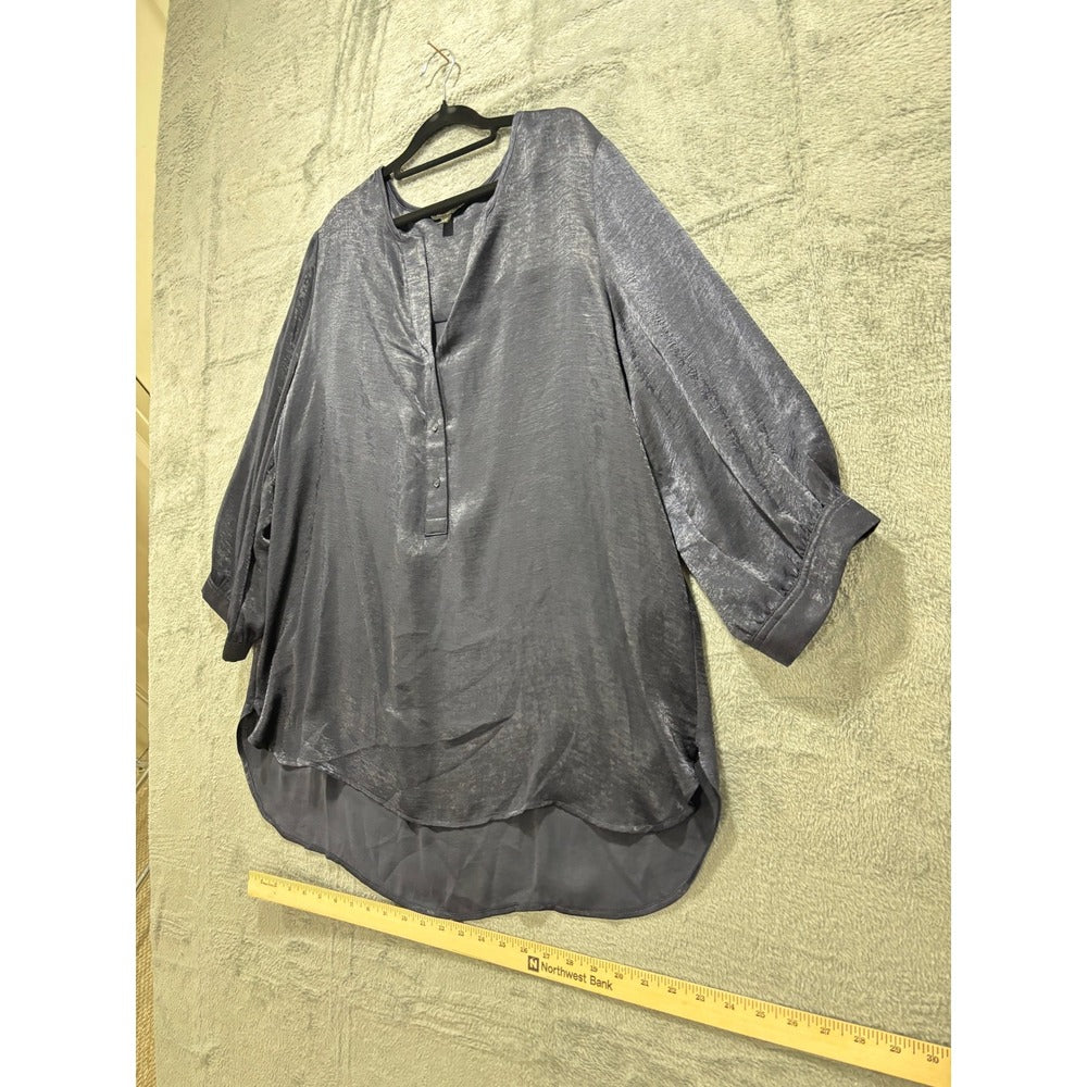 Banana Republic XXL Steel Blue Satin Henley Blouse Womens Minimalist Coastal