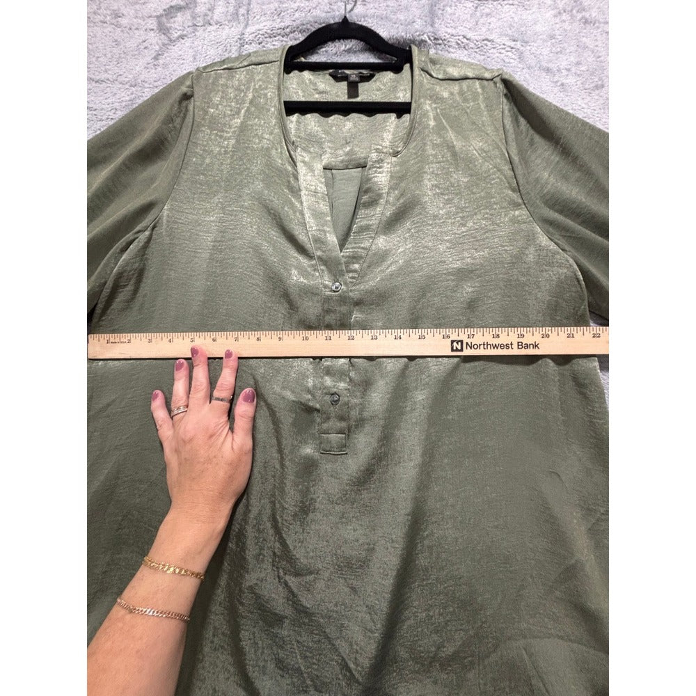 Banana Republic XL Olive Green Satin Henley Blouse Womens Casual Preppy