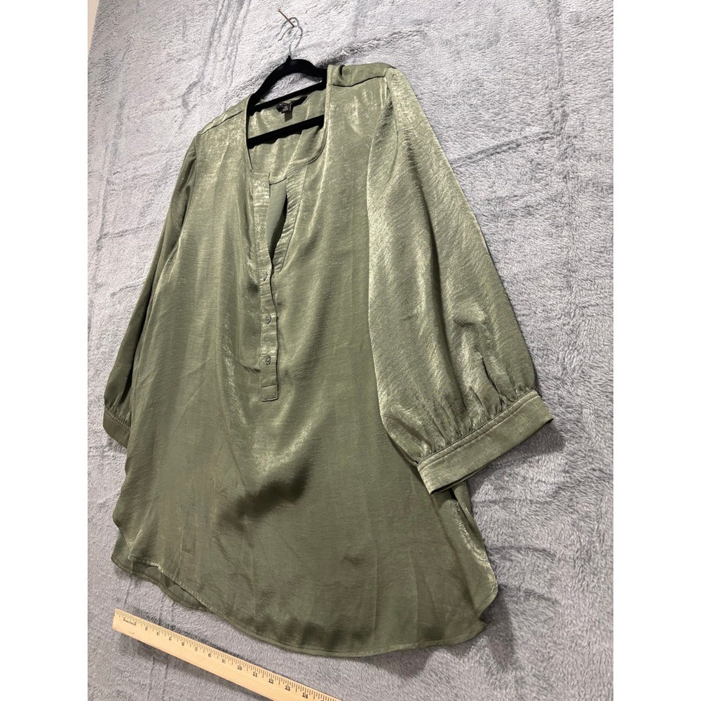 Banana Republic XL Olive Green Satin Henley Blouse Womens Casual Preppy