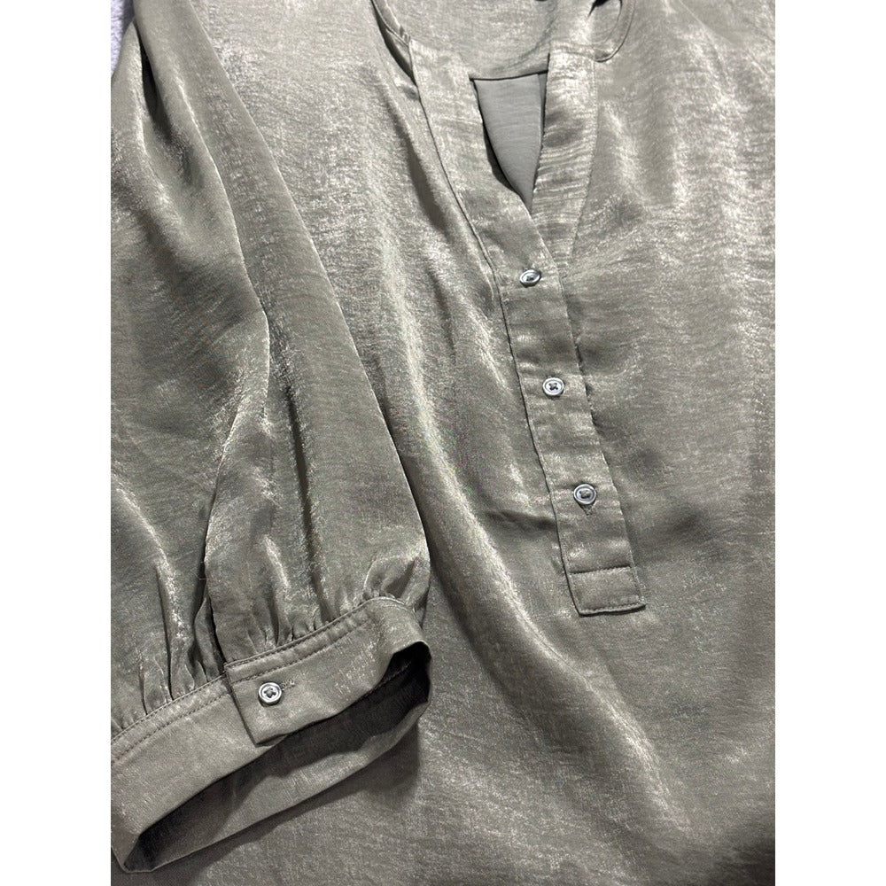Banana Republic XL Olive Green Satin Henley Blouse Womens Casual Preppy