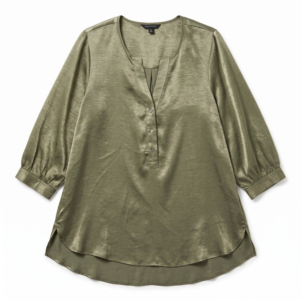 Banana Republic XL Olive Green Satin Henley Blouse Womens Casual Preppy