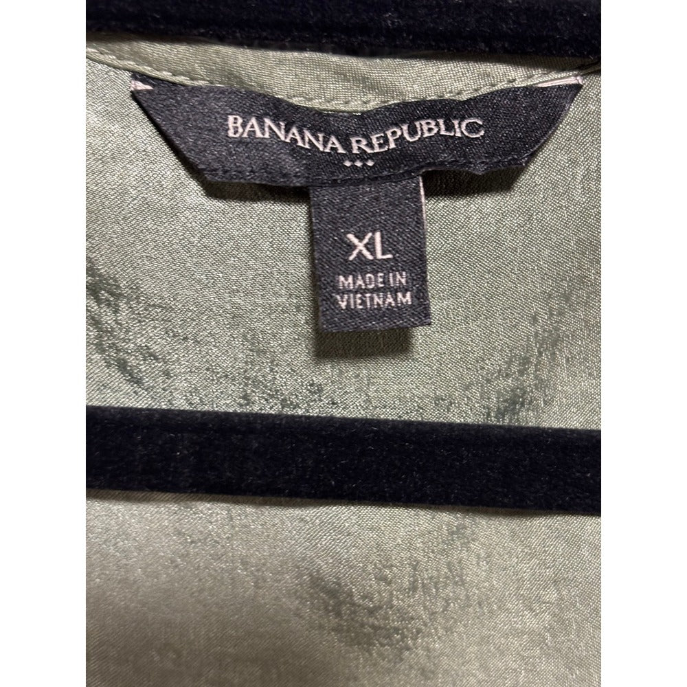 Banana Republic XL Olive Green Satin Henley Blouse Womens Casual Preppy