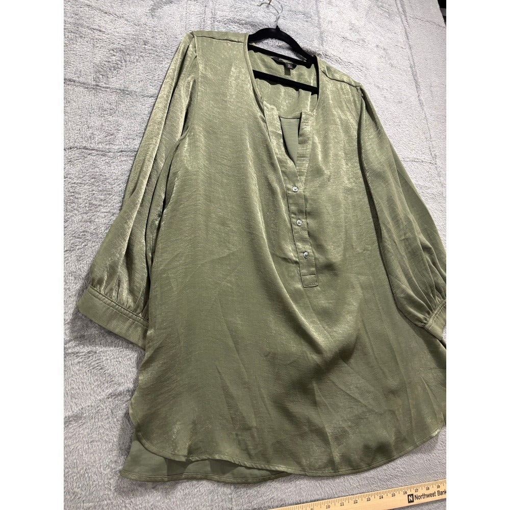 Banana Republic XL Olive Green Satin Henley Blouse Womens Casual Preppy