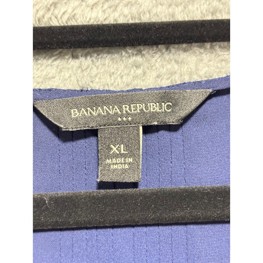 Banana Republic XL Blue Smocked V-Neck Blouse Womens Minimalist Coastal Casual