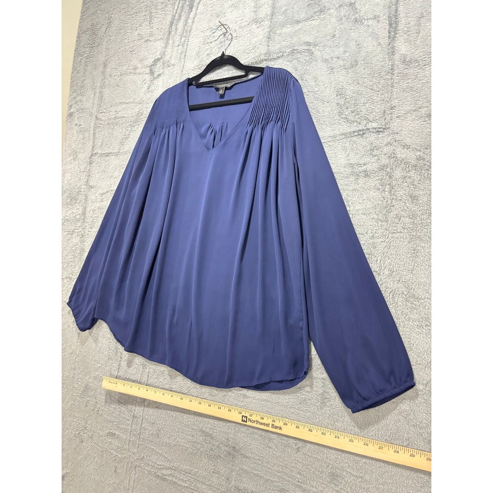 Banana Republic XL Blue Smocked V-Neck Blouse Womens Minimalist Coastal Casual