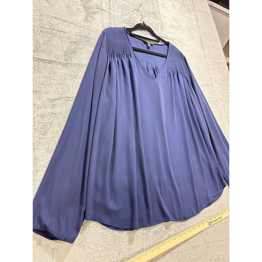 Banana Republic XL Blue Smocked V-Neck Blouse Womens Minimalist Coastal Casual