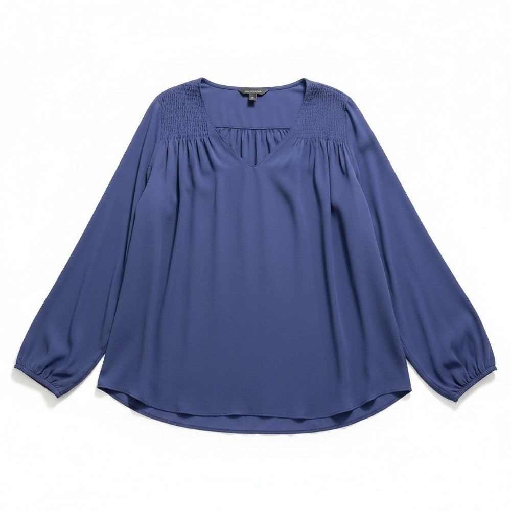 Banana Republic XL Blue Smocked V-Neck Blouse Womens Minimalist Coastal Casual