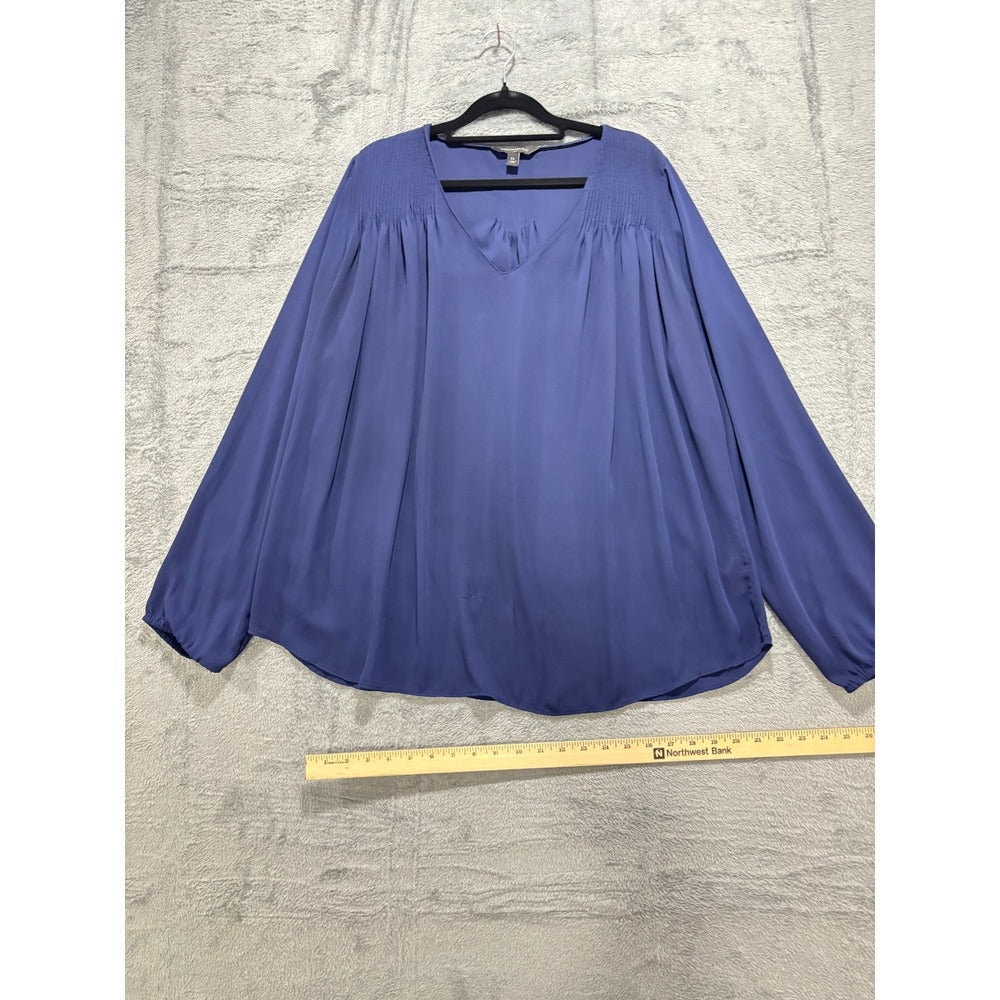 Banana Republic XL Blue Smocked V-Neck Blouse Womens Minimalist Coastal Casual