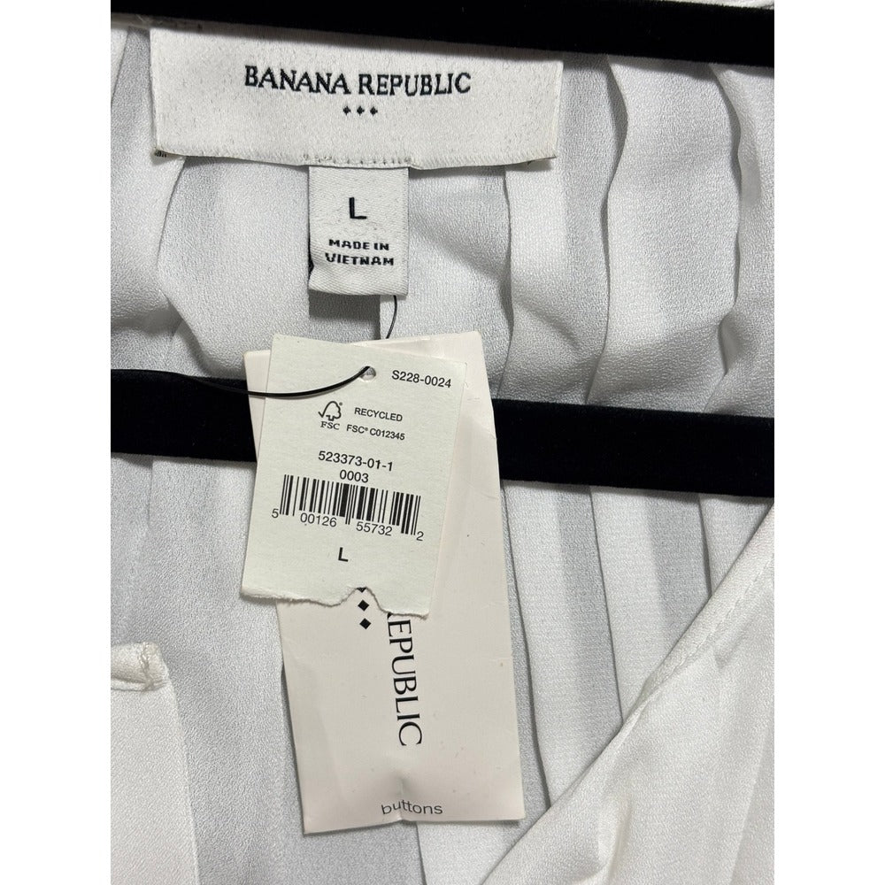 Banana Republic L White Pleated Front Long Sleeve Blouse Womens Minimalist NWT