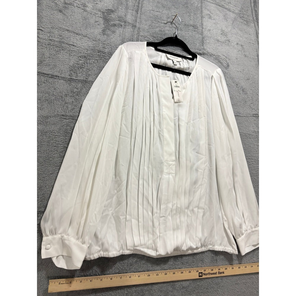 Banana Republic L White Pleated Front Long Sleeve Blouse Womens Minimalist NWT