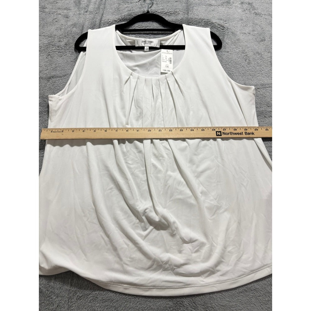 Jones Studio 1X White Tank Top Womens Sleeveless Pleated Neck Minimalist NWT