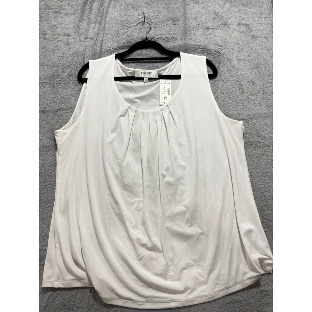Jones Studio 1X White Tank Top Womens Sleeveless Pleated Neck Minimalist NWT