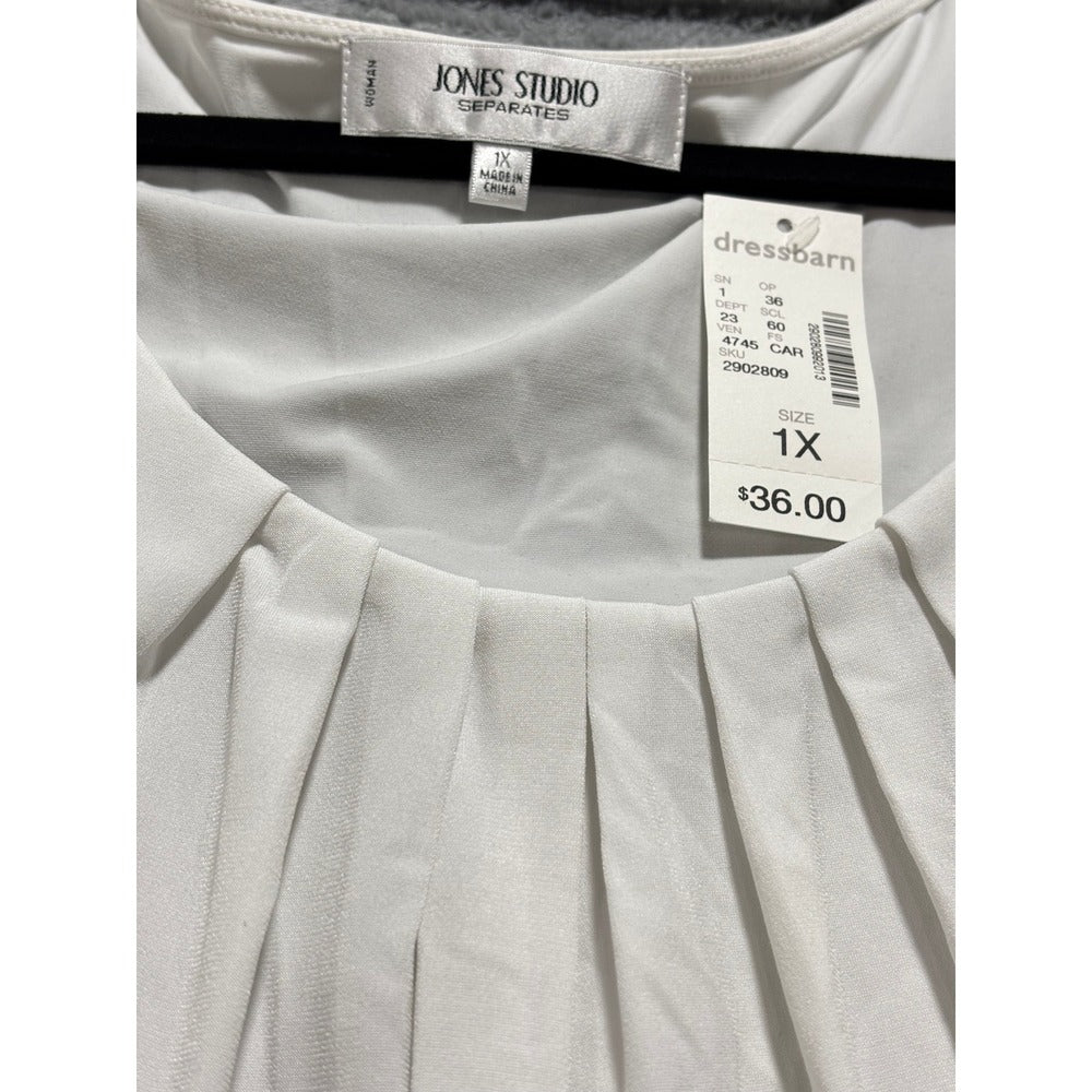 Jones Studio 1X White Tank Top Womens Sleeveless Pleated Neck Minimalist NWT