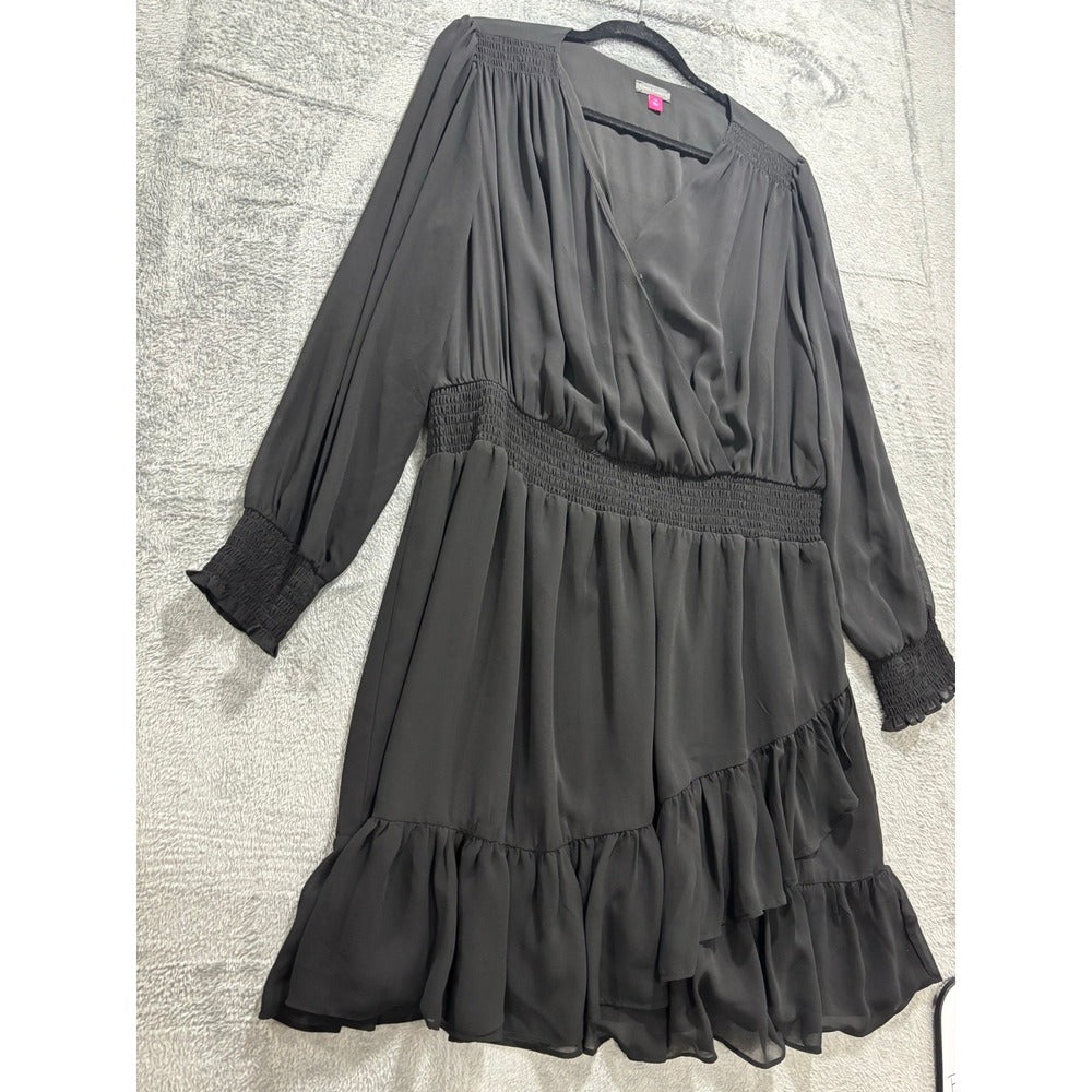 Vince Camuto 2X Black Womens Ruffle Faux Wrap Dress Casual Boho Smocked Waist