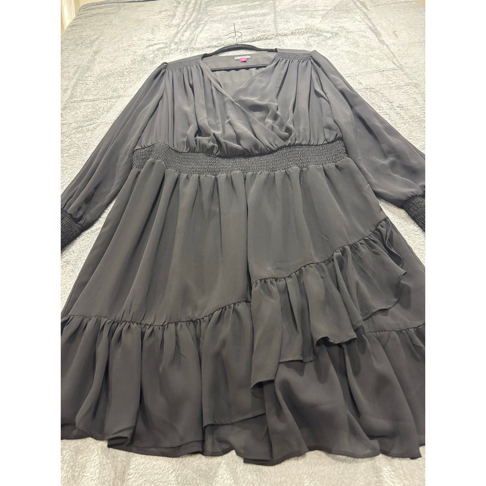 Vince Camuto 2X Black Womens Ruffle Faux Wrap Dress Casual Boho Smocked Waist