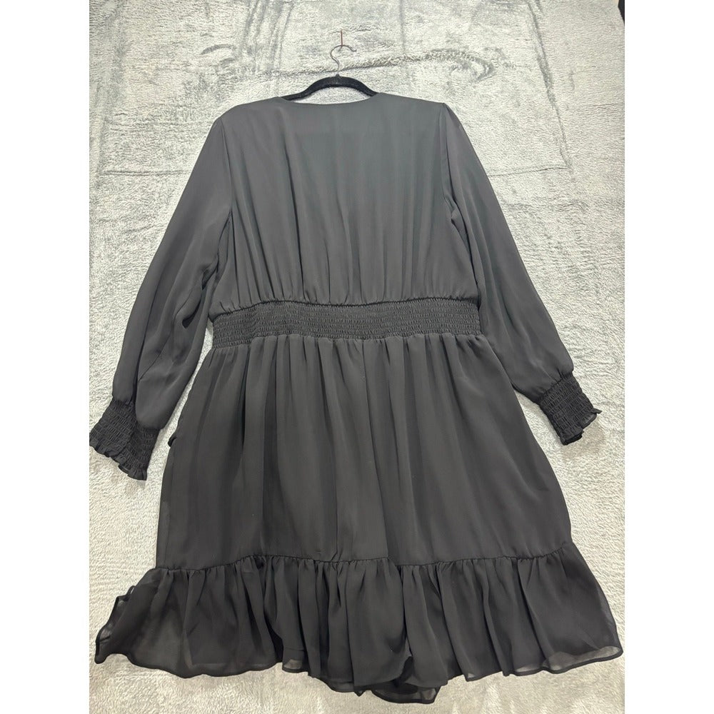 Vince Camuto 2X Black Womens Ruffle Faux Wrap Dress Casual Boho Smocked Waist