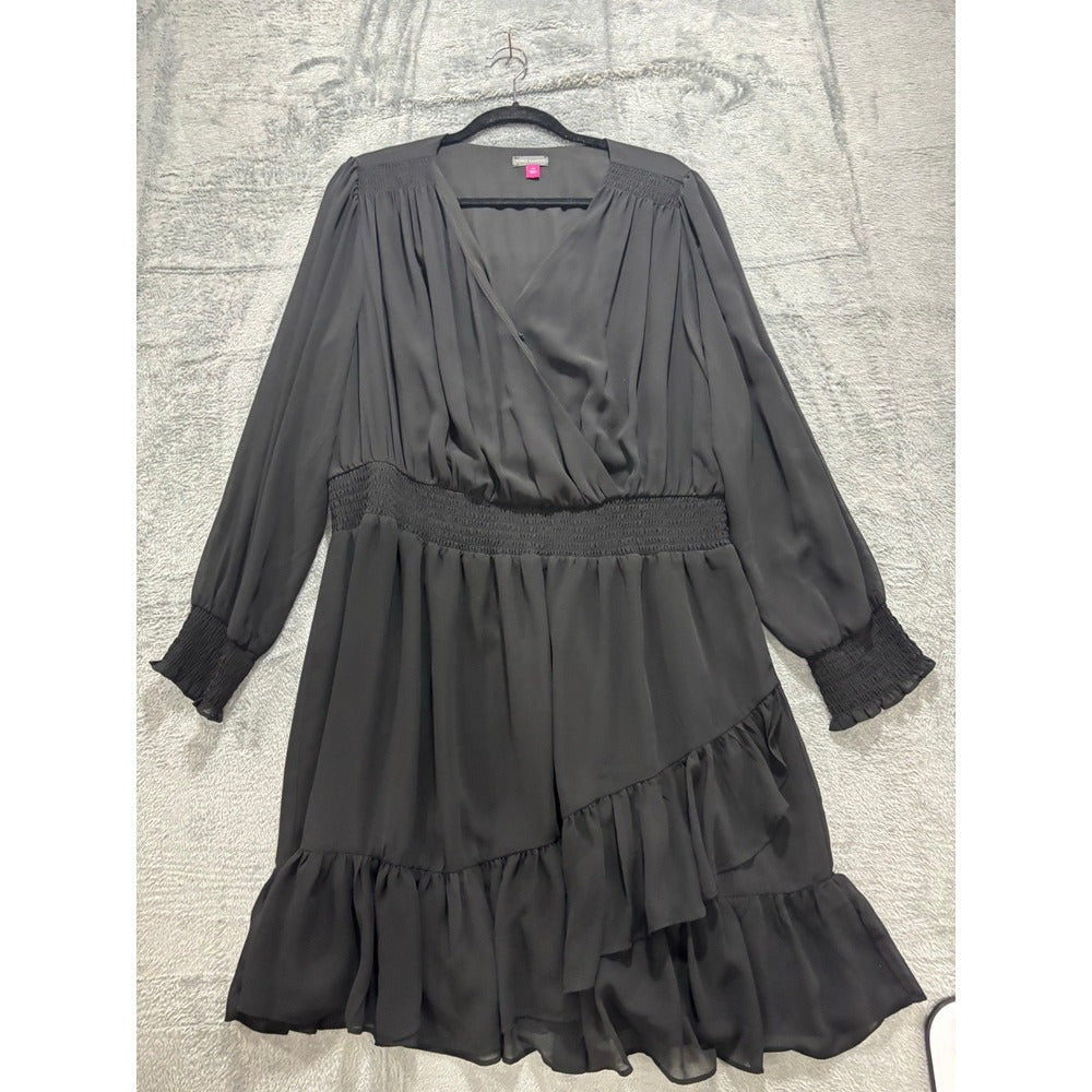 Vince Camuto 2X Black Womens Ruffle Faux Wrap Dress Casual Boho Smocked Waist