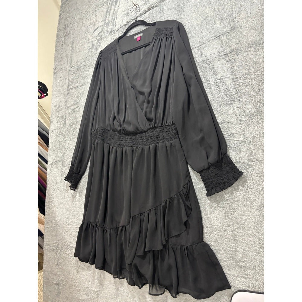 Vince Camuto 2X Black Womens Ruffle Faux Wrap Dress Casual Boho Smocked Waist