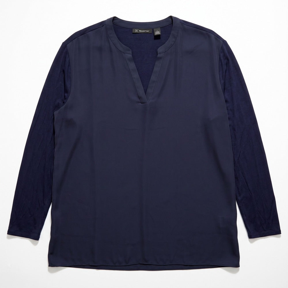 INC XXL Navy Blue Mixed Media V-Neck Tunic Top Womens Casual Minimalist