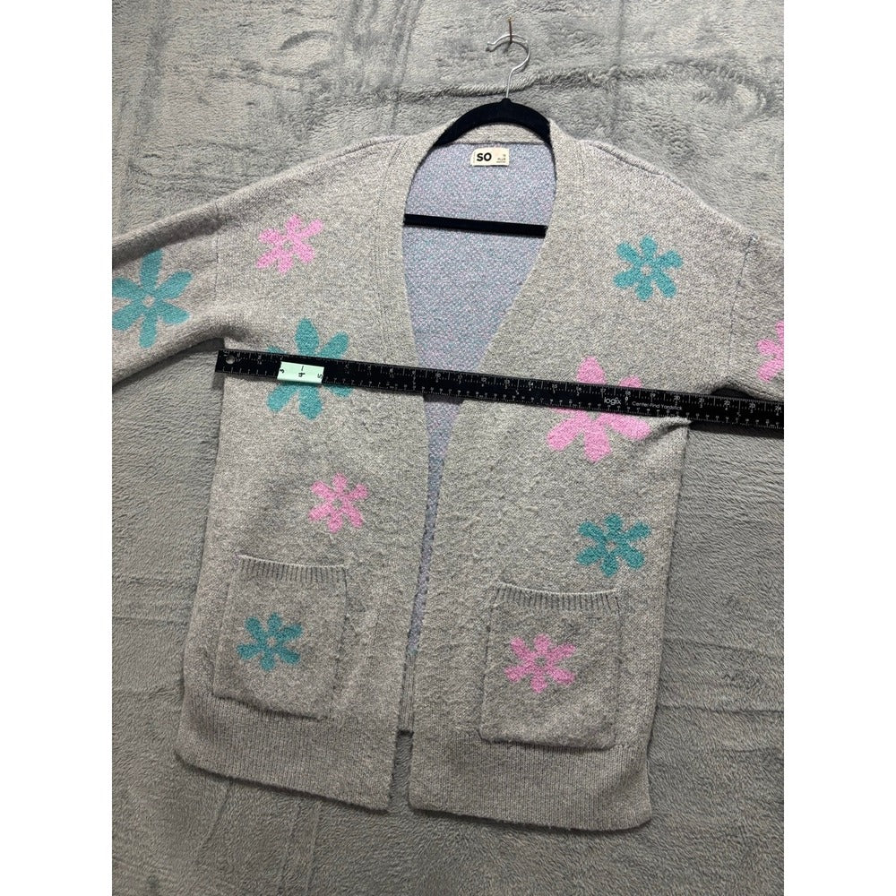 SO Womens L Gray Floral Knit Open Front Cardigan Sweater Boho Cozy