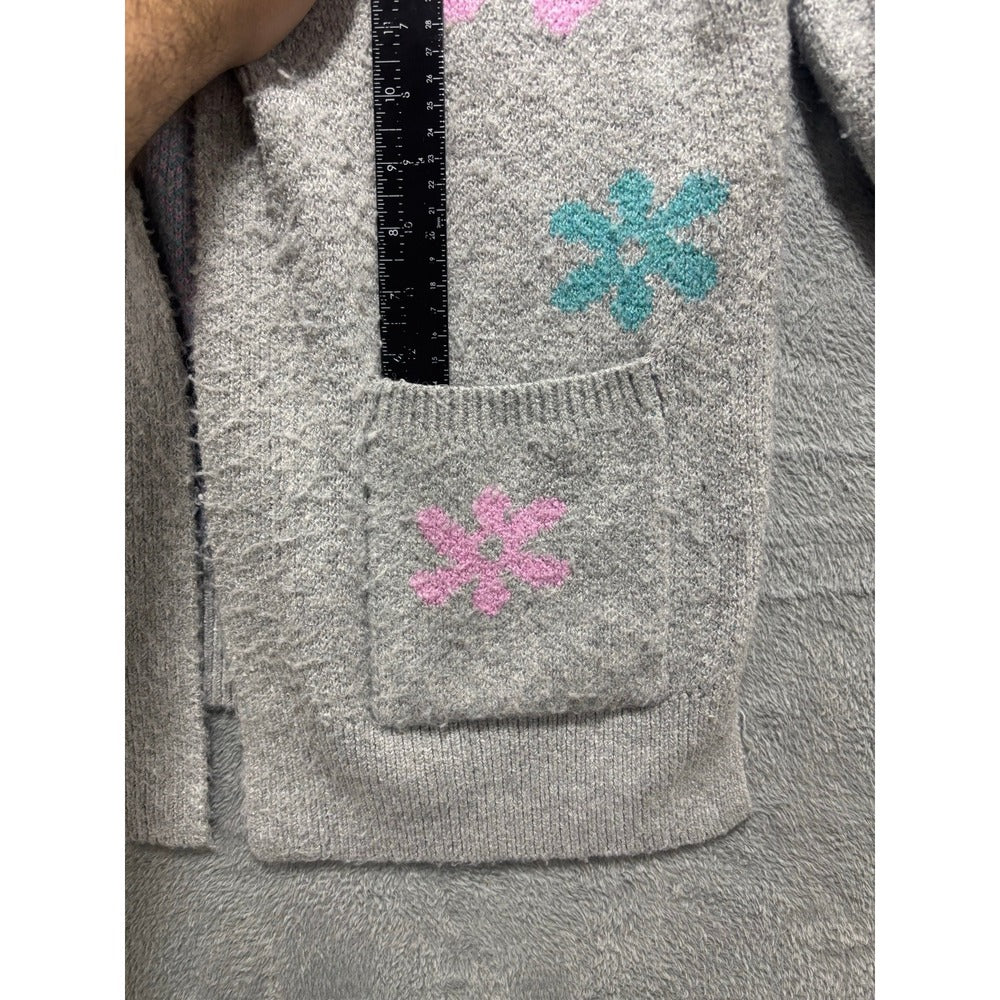 SO Womens L Gray Floral Knit Open Front Cardigan Sweater Boho Cozy