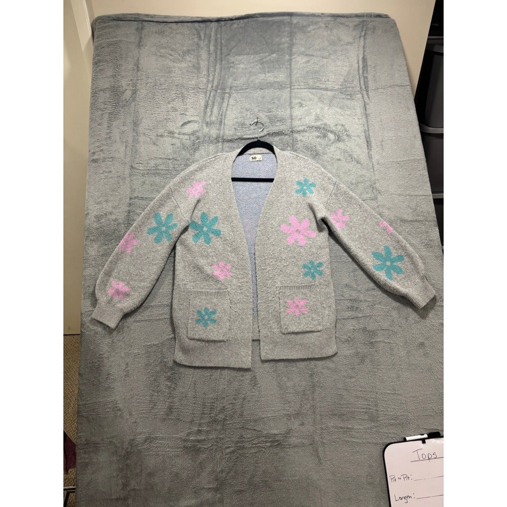 SO Womens L Gray Floral Knit Open Front Cardigan Sweater Boho Cozy