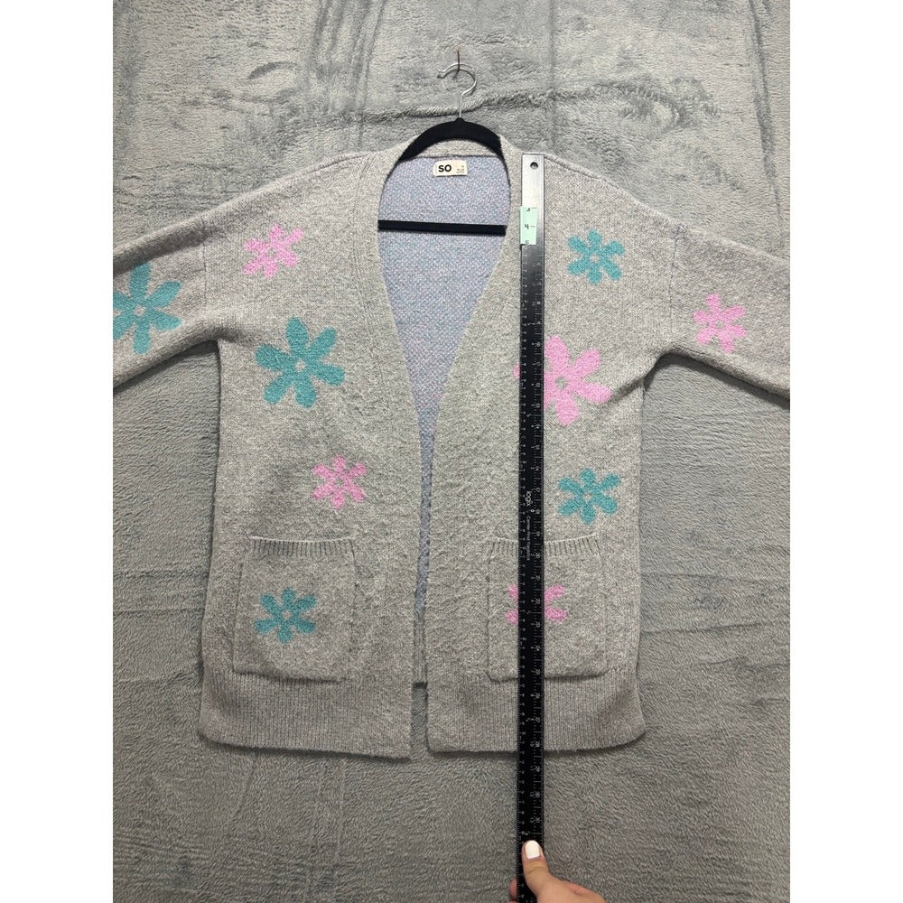 SO Womens L Gray Floral Knit Open Front Cardigan Sweater Boho Cozy