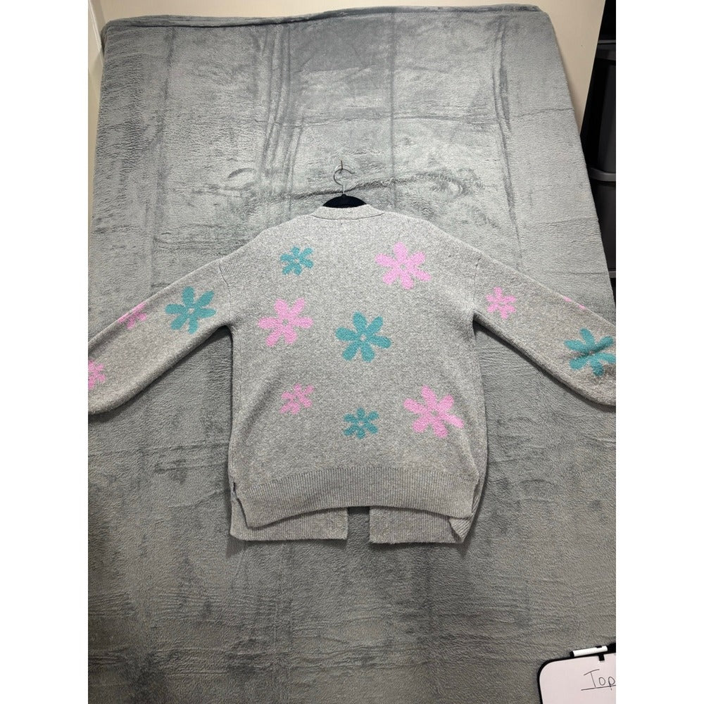 SO Womens L Gray Floral Knit Open Front Cardigan Sweater Boho Cozy