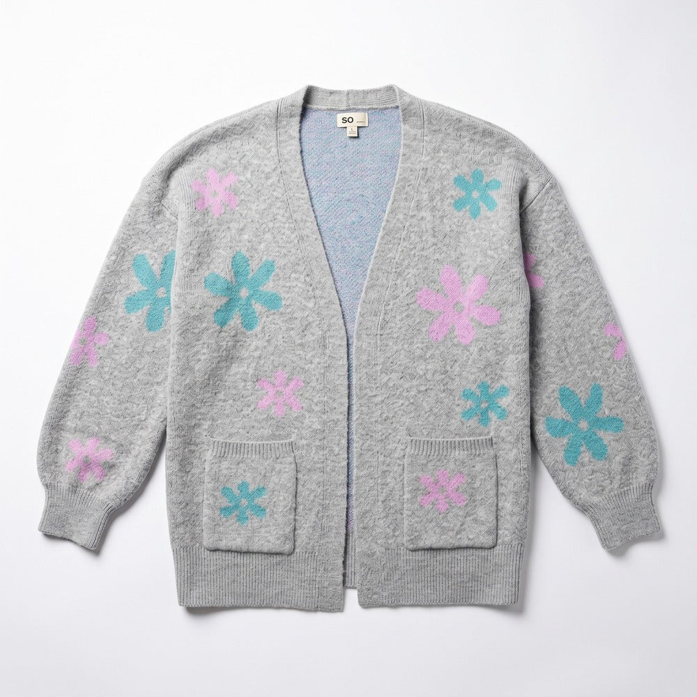 SO Womens L Gray Floral Knit Open Front Cardigan Sweater Boho Cozy