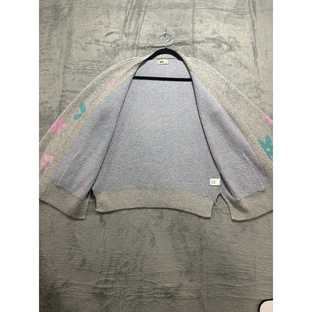SO Womens L Gray Floral Knit Open Front Cardigan Sweater Boho Cozy