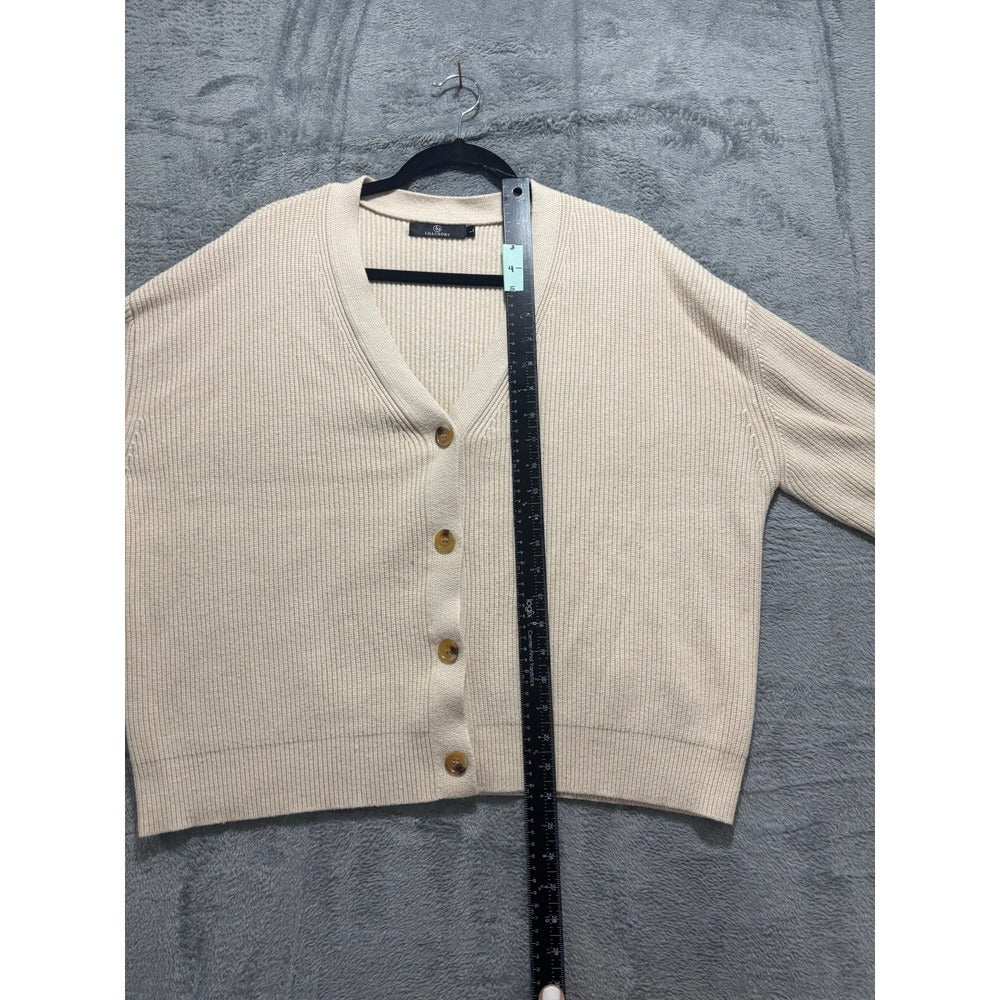 LILLUSORY L Cream V-Neck Button Ribbed Knit Cardigan Sweater Cozy
