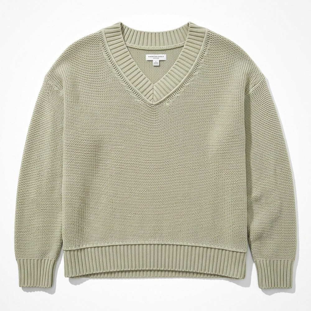 American Eagle L Sage Green V-Neck Shaker Stitch Sweater Womens Boho Casual NEW