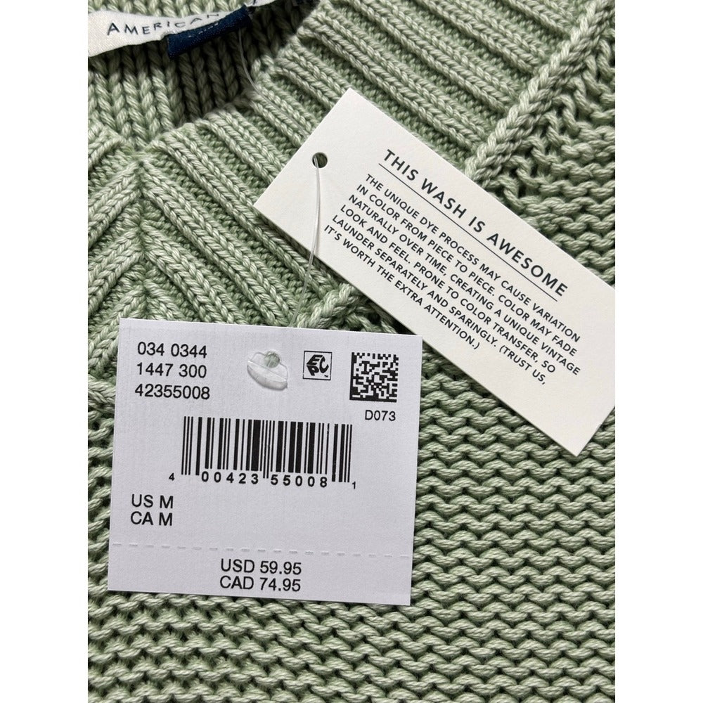 American Eagle L Sage Green V-Neck Shaker Stitch Sweater Womens Boho Casual NEW