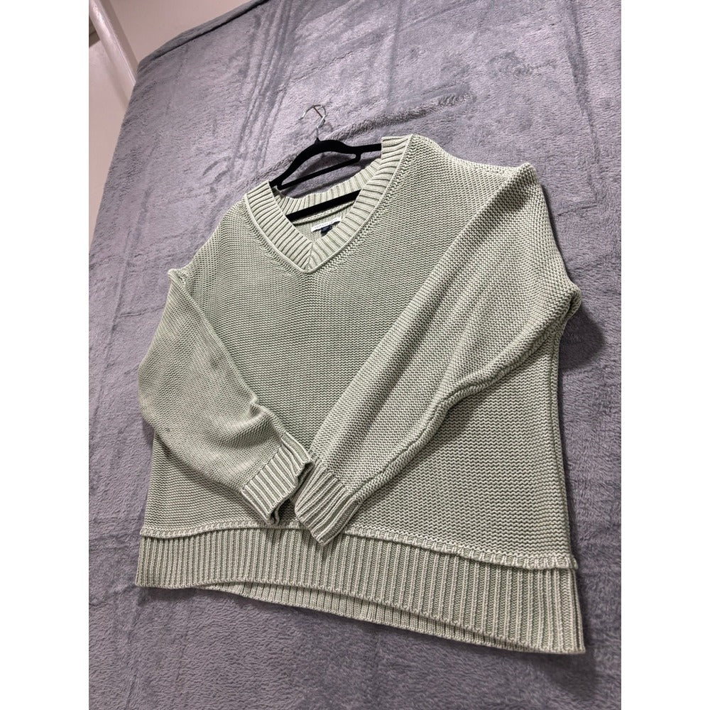 American Eagle L Sage Green V-Neck Shaker Stitch Sweater Womens Boho Casual NEW