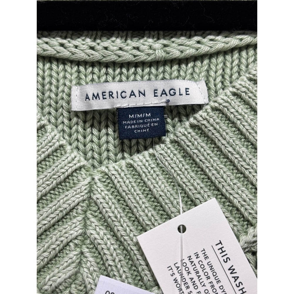 American Eagle L Sage Green V-Neck Shaker Stitch Sweater Womens Boho Casual NEW