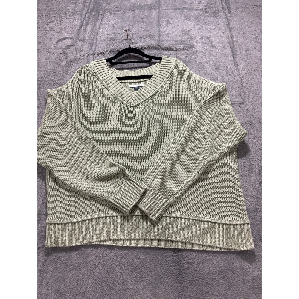 American Eagle L Sage Green V-Neck Shaker Stitch Sweater Womens Boho Casual NEW