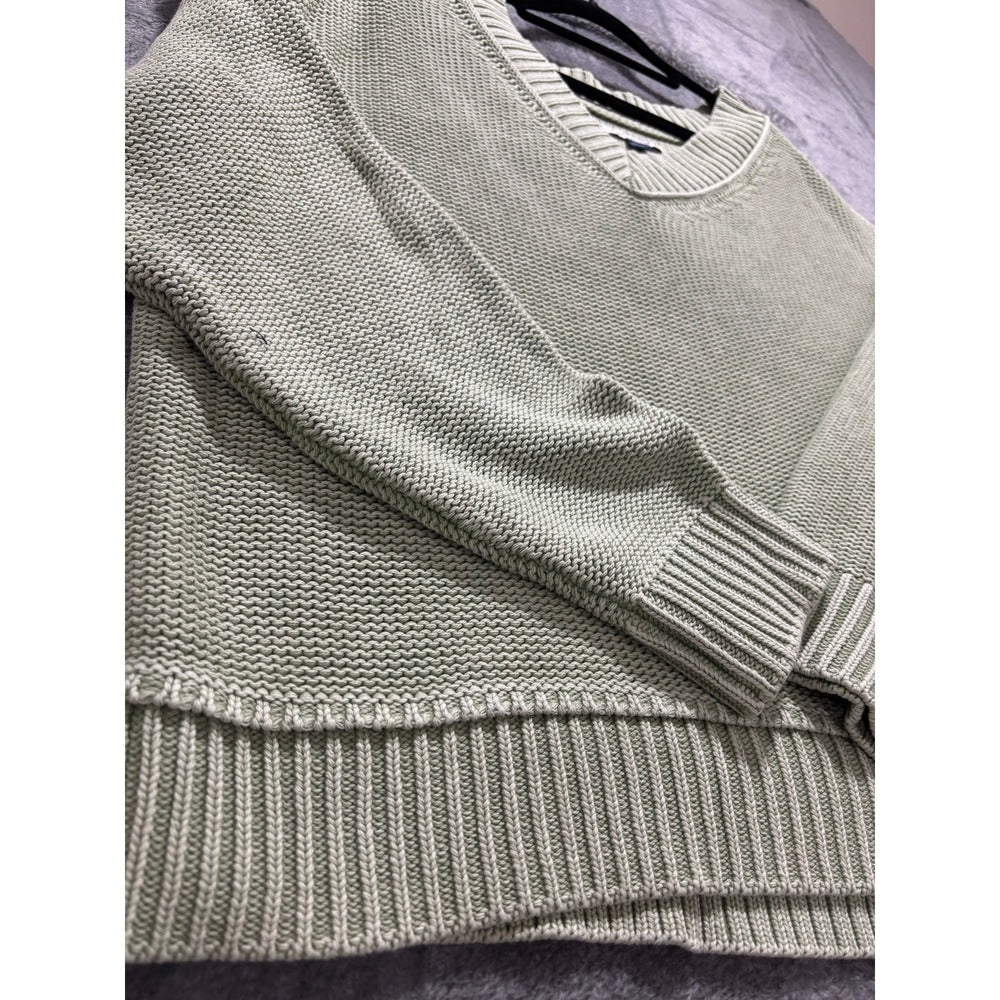 American Eagle L Sage Green V-Neck Shaker Stitch Sweater Womens Boho Casual NEW