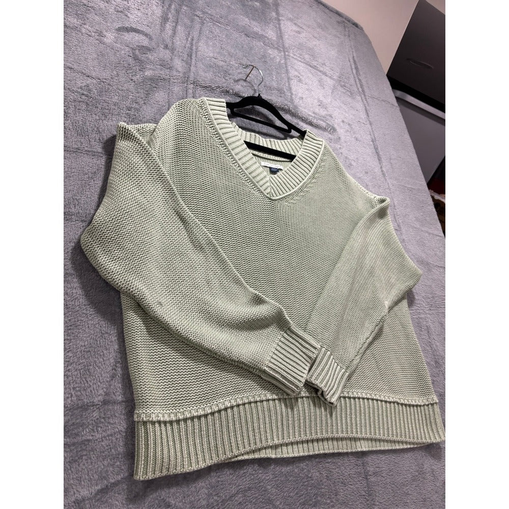 American Eagle L Sage Green V-Neck Shaker Stitch Sweater Womens Boho Casual NEW